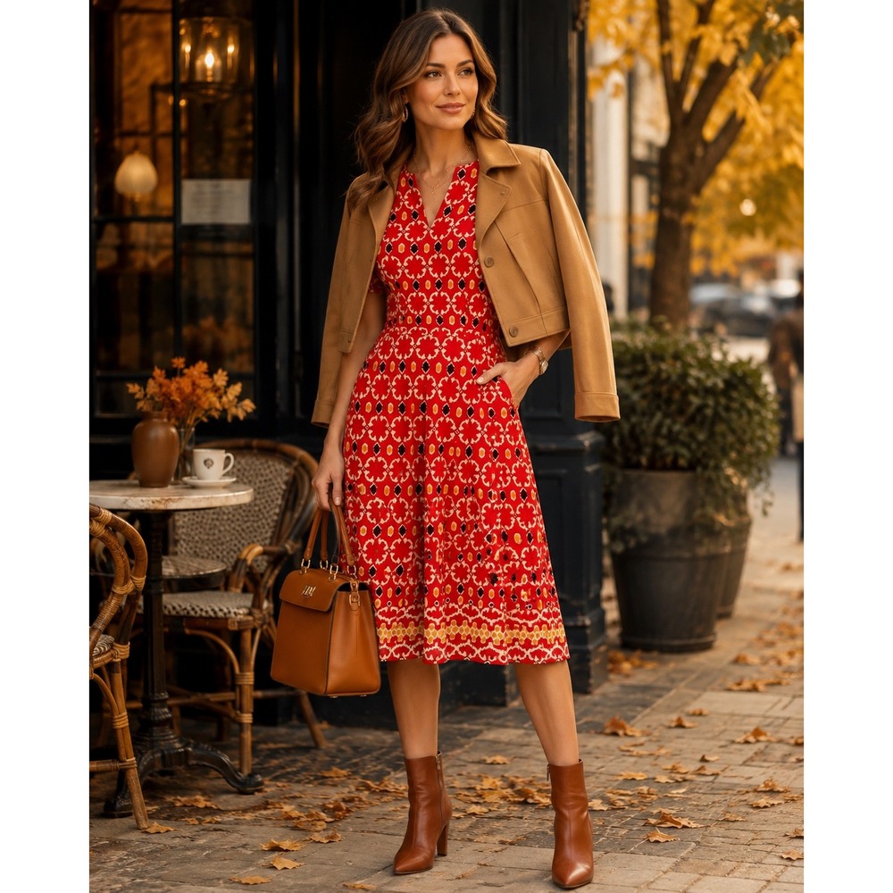 Lafayette 148 Dress Women's Size 0 Red Cotton Fit Flare Ikat Fall Workwear